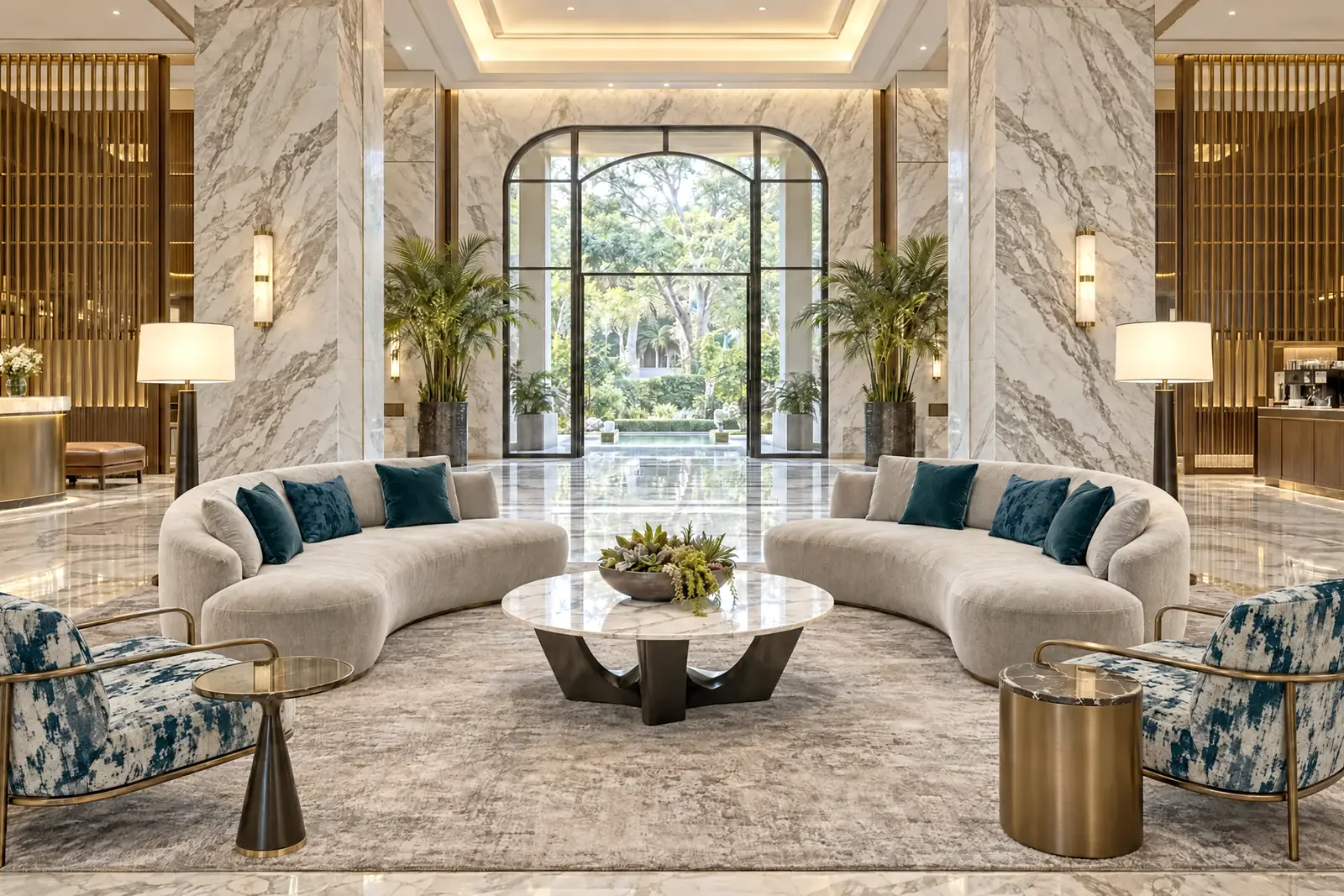 Lobby aus Marmor mit geschwungenen Sofas und Blick in den Garten