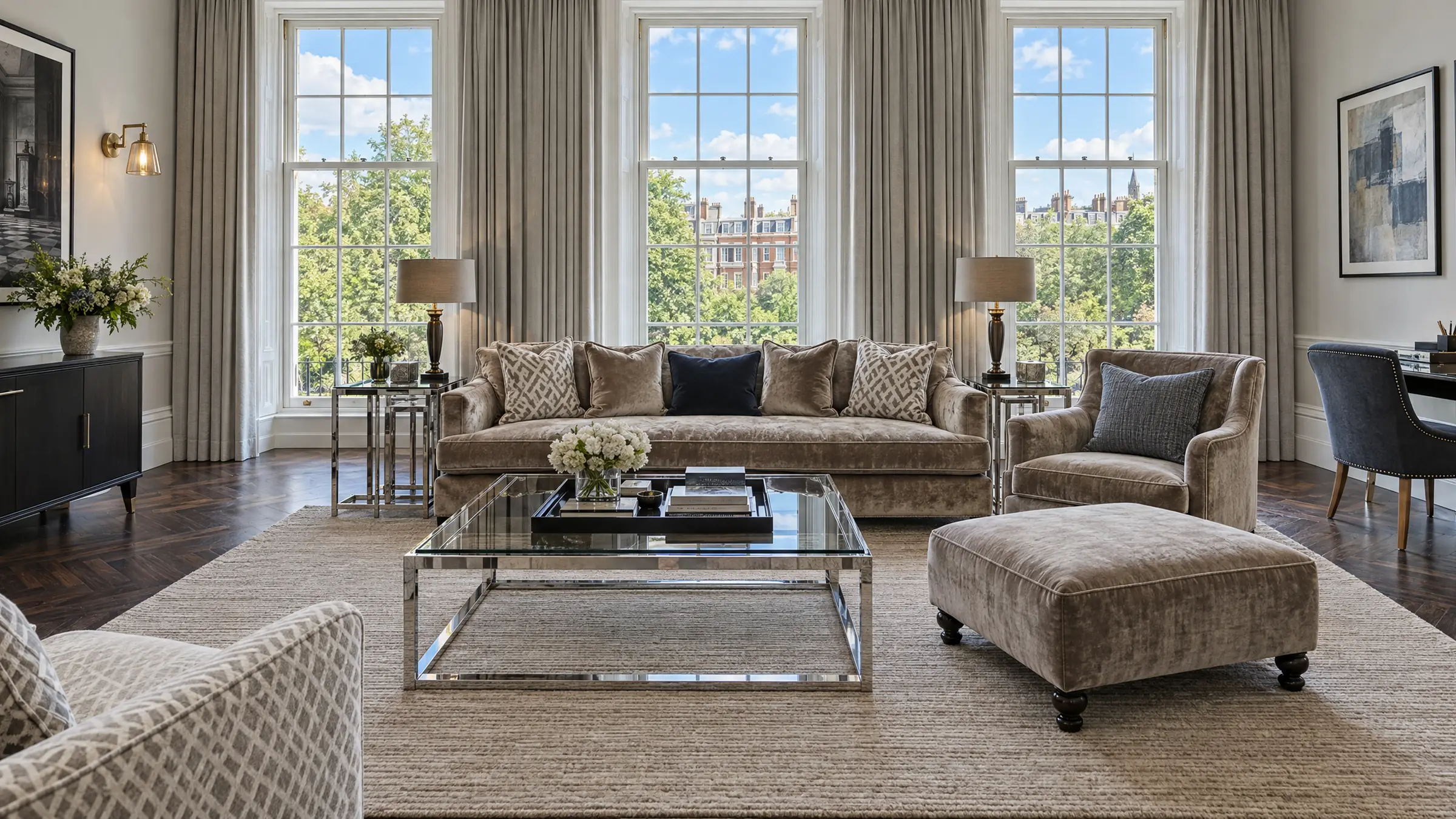 Salon einer Privatresidenz mit hohen Fenstern und gläsernem Couchtisch
