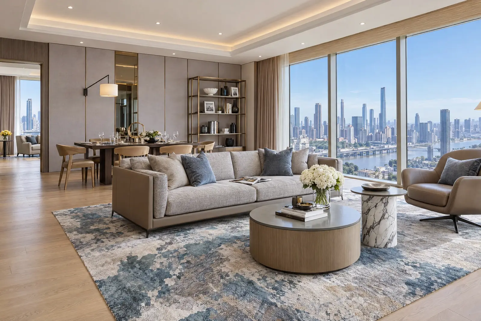 Living room of a serviced residence with floor-to-ceiling windows over the city