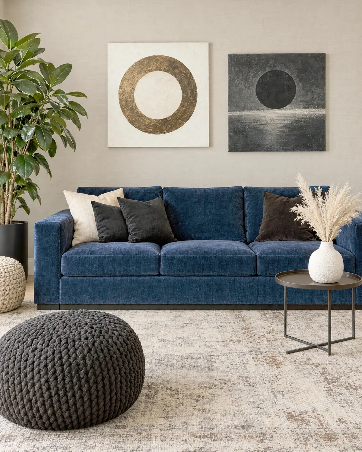 Living room of a private apartment with a blue velvet sofa