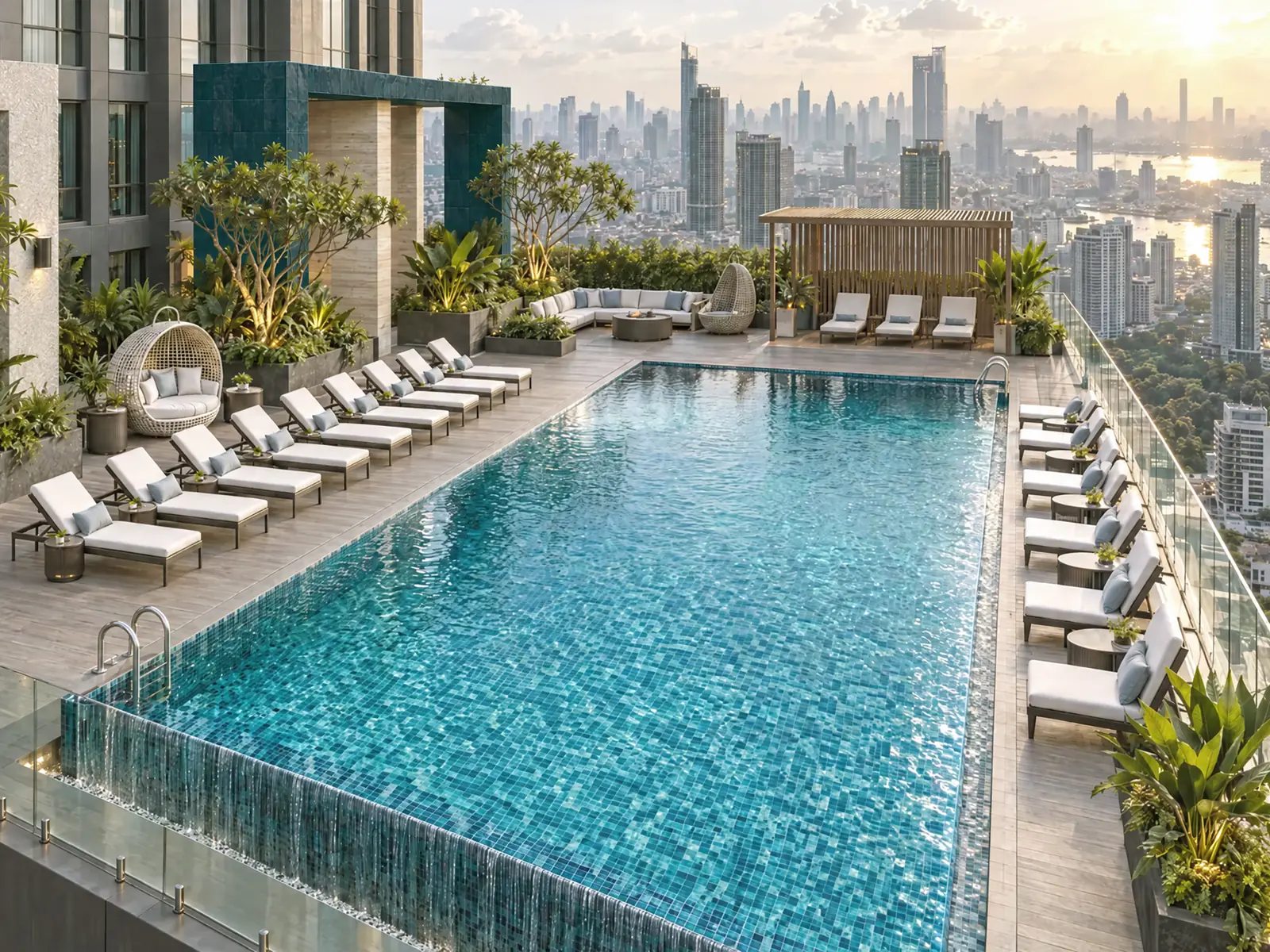 Rooftop swimming pool with loungers above the city skyline